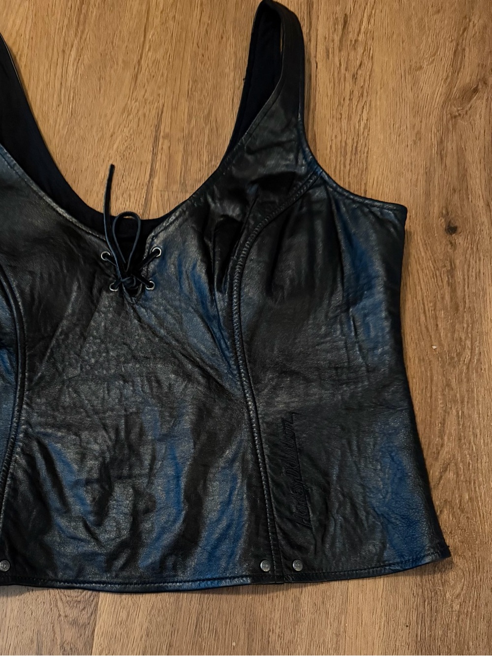 Harley-Davidson Black Leather Lace-Up Tank Top with side zipper.